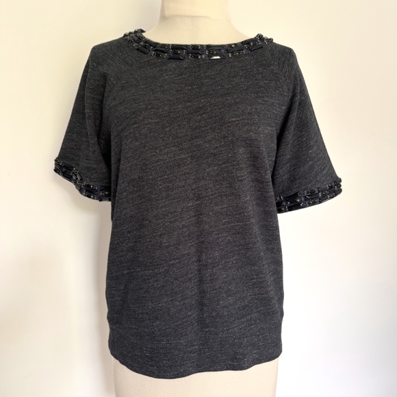 J Crew Blue Marled Jewel Beaded Neckline Short Sleeve Sweater Sweatshirt S - Picture 1 of 12